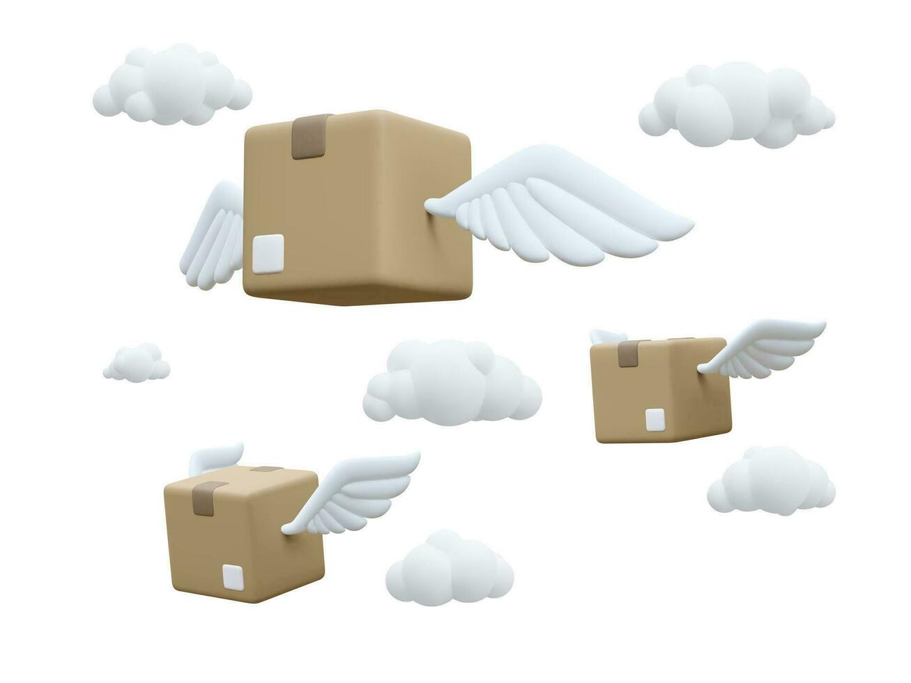 3d realistico volante cartone scatole con Ali nel il nuvole. veloce consegna servizio concetto nel cartone animato stile. vettore illustrazione