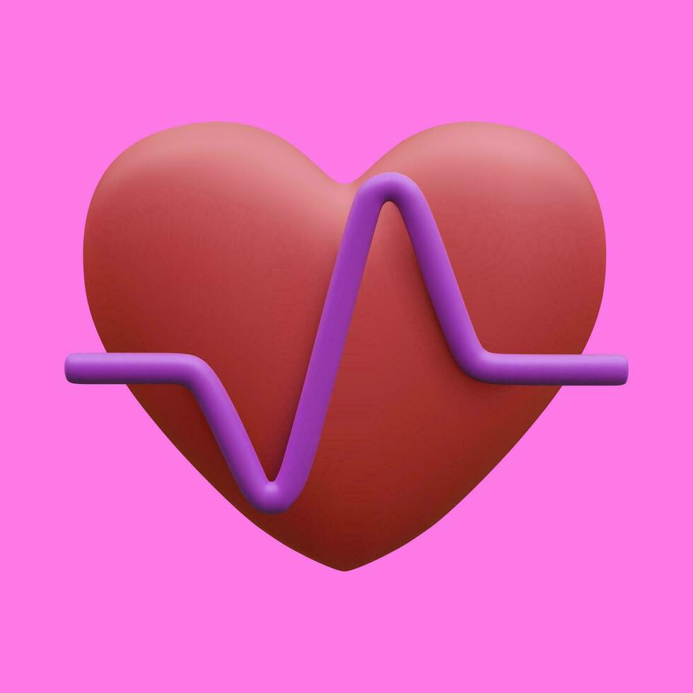 3d realistico rosso cuore con viola pulse per medico applicazioni e siti web. medico assistenza sanitaria concetto. cuore polso, battito cardiaco linea, cardiogramma. vettore illustrazione
