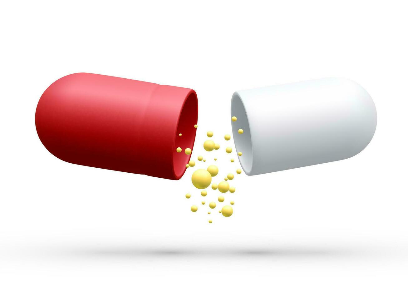 3d realistico ha aperto rosso bianco capsula con giallo palle isolato su bianca sfondo. capsula pillola e molecole come dati visualizzazione chimico composizione Informazioni. vettore illustrazione