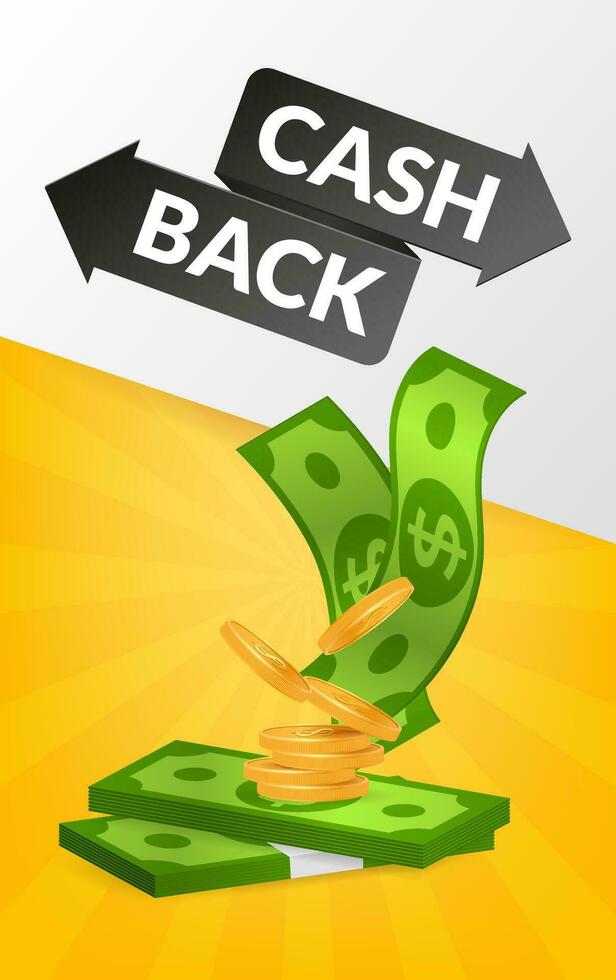 3d vettore Immagine con un' d'oro cashback freccia simboleggiante finanziario successo. Perfetto per striscioni, promozioni, e in linea imprese. illustrazione di un' cashback concetto con monete e banconote