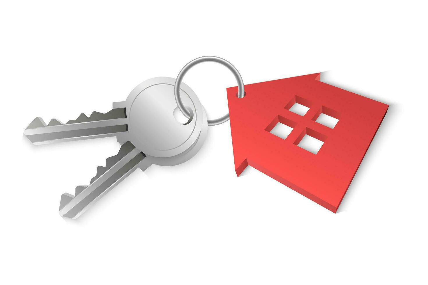 3d vettore Immagine di un' realistico argento Casa chiavi con chiave Catene nel il forma di un' rosso Casa, isolato su un' bianca sfondo