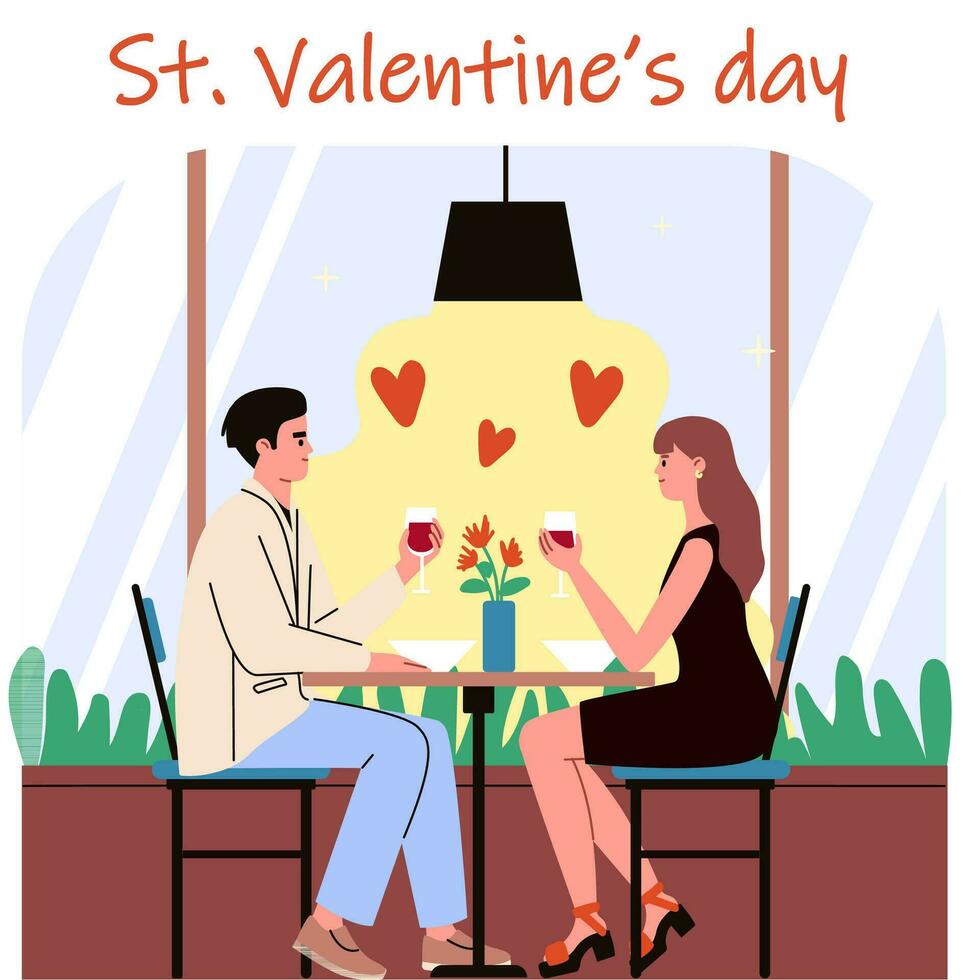 romantico Data su st San Valentino giorno. uomo e donna potabile vino nel il ristorante. 14 febbraio celebrazione. contento coppia insieme. innamorati. piatto cartone animato vettore. vettore