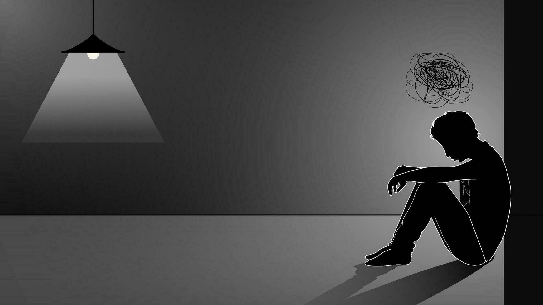 infelice silhouette di molto triste giovane uomo seduta solo, depresso giovane uomo seduta su terra e pendente contro parete. piatto isolato vettore illustrazione.