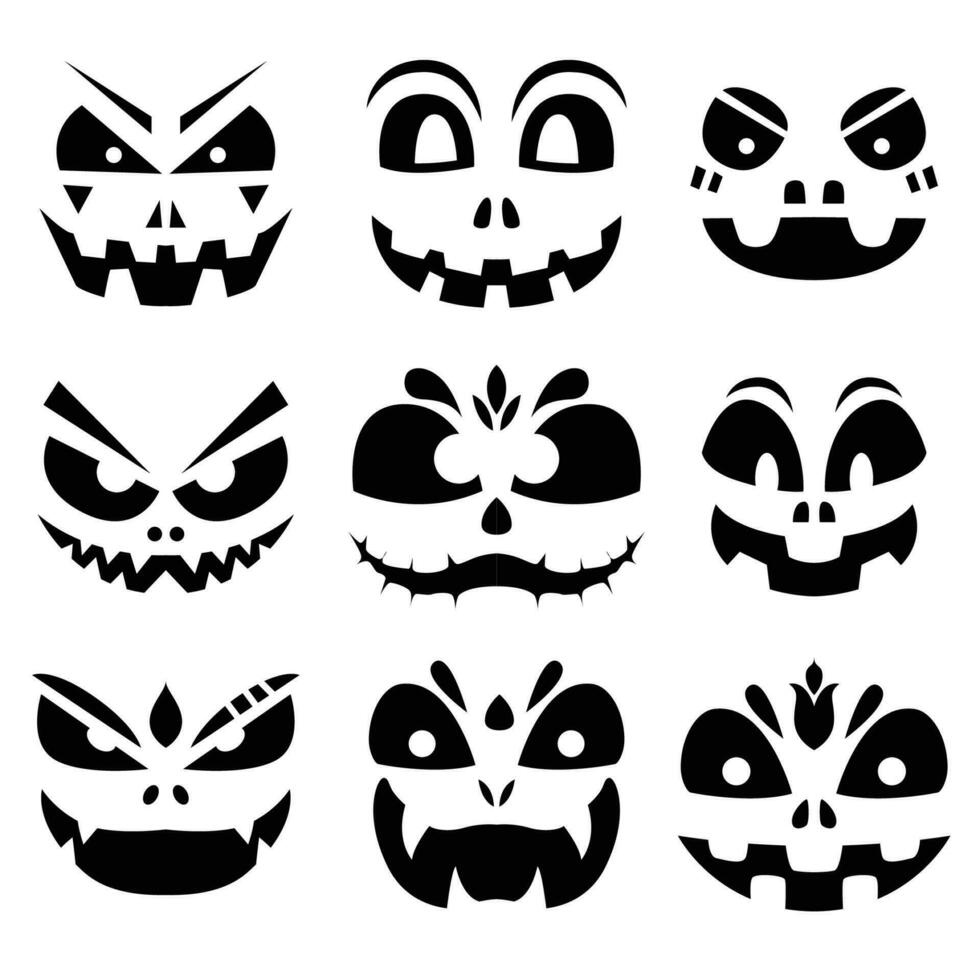 Halloween zucca facce occhi Sorridi divertente personaggio impostato ottobre design vettore illustrazione