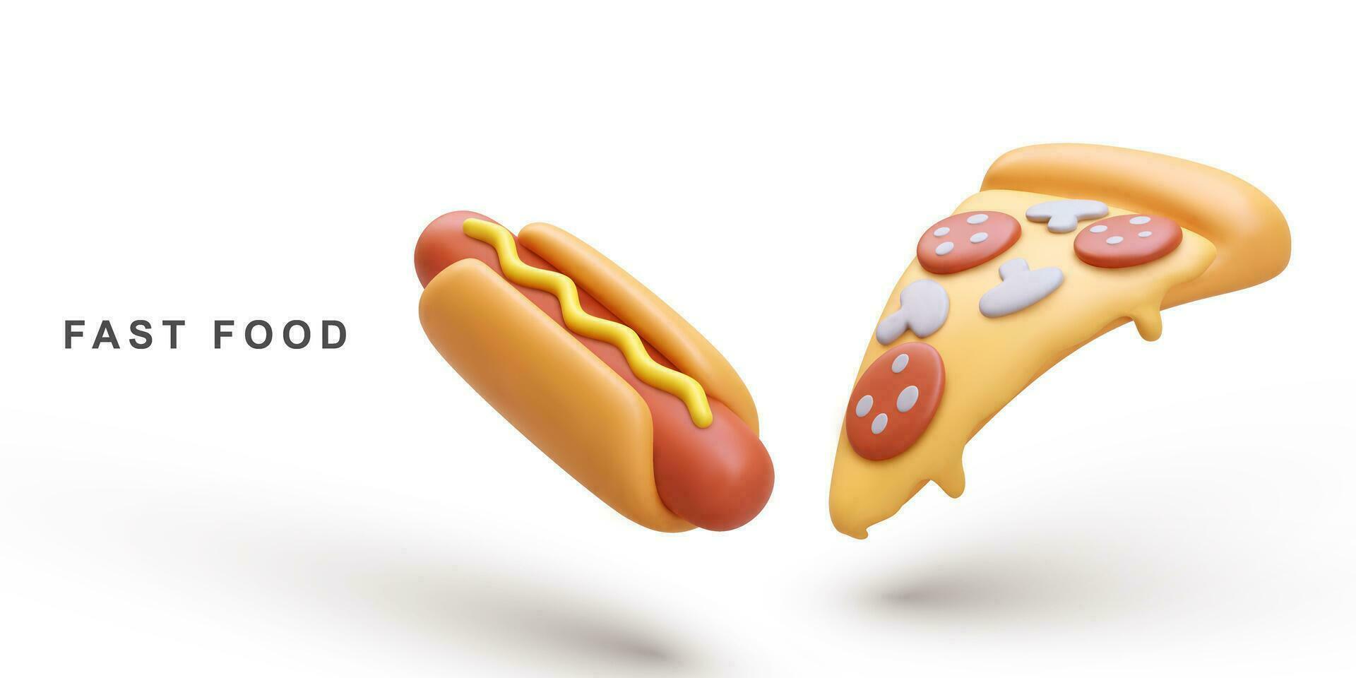 3d realistico caldo cane e Pizza su bianca sfondo. vettore illustrazione.