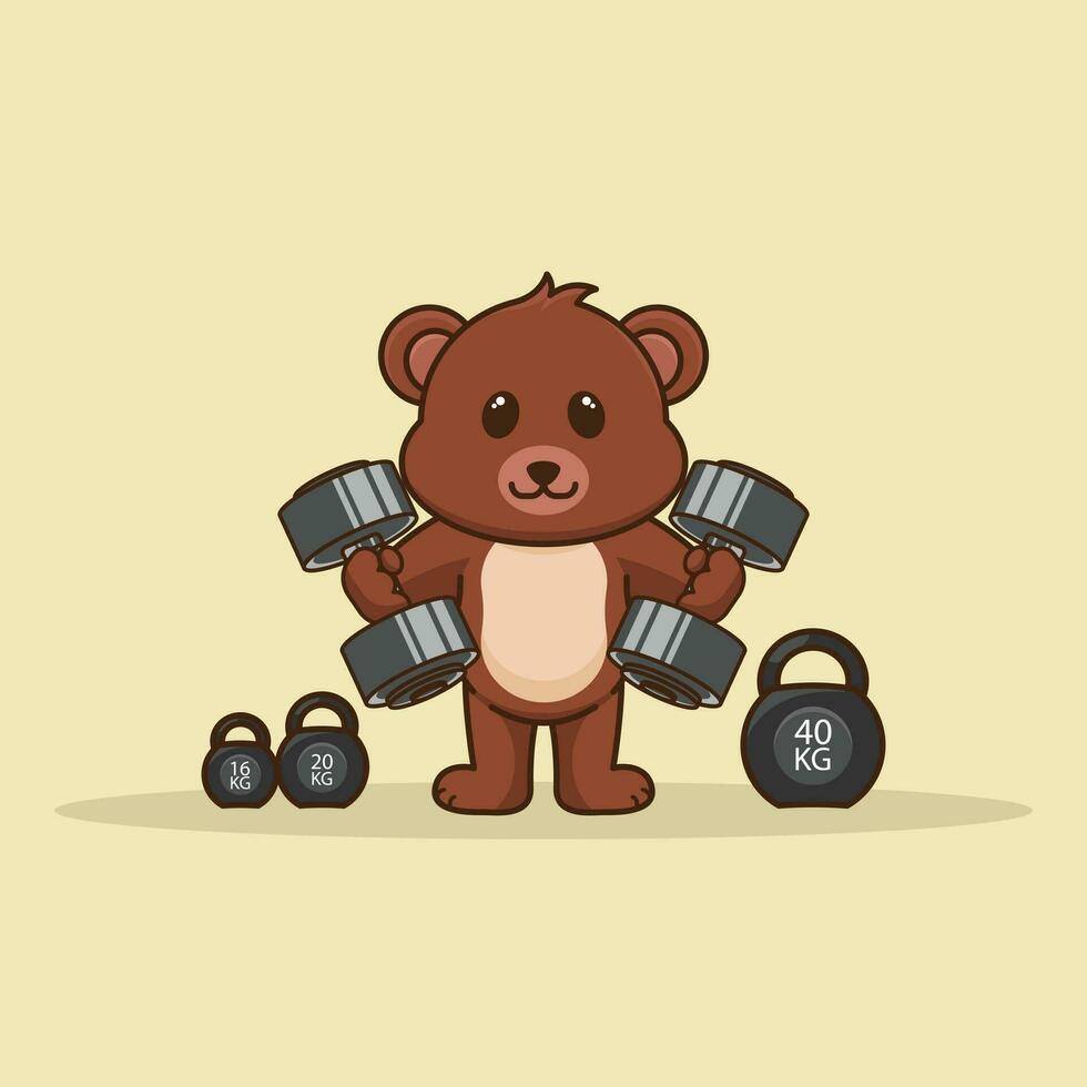carino portafortuna orso sollevamento manubrio, cartone animato mascotte, orso Palestra allenamento, cartone animato stile vettore