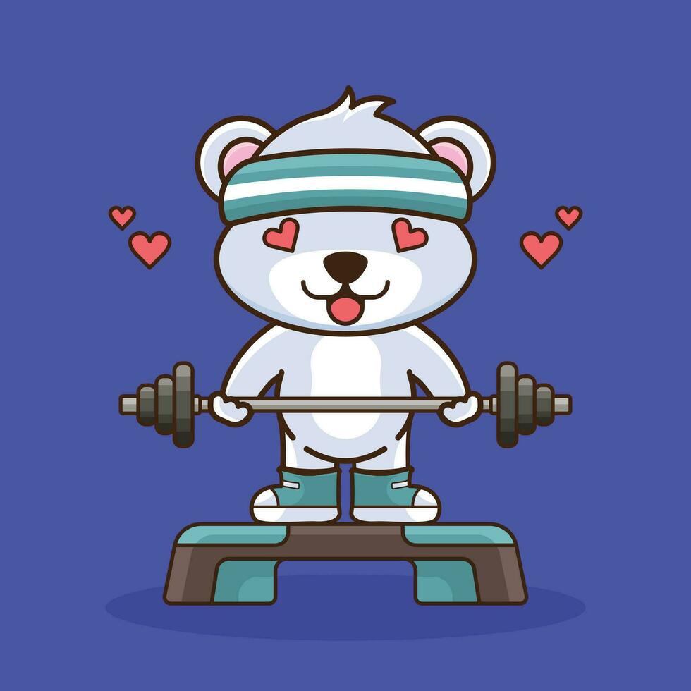 peso addestramento, carino cartone animato orso sollevamento un' bilanciere. sport icona, Palestra mascotte, carino animale etichetta vettore