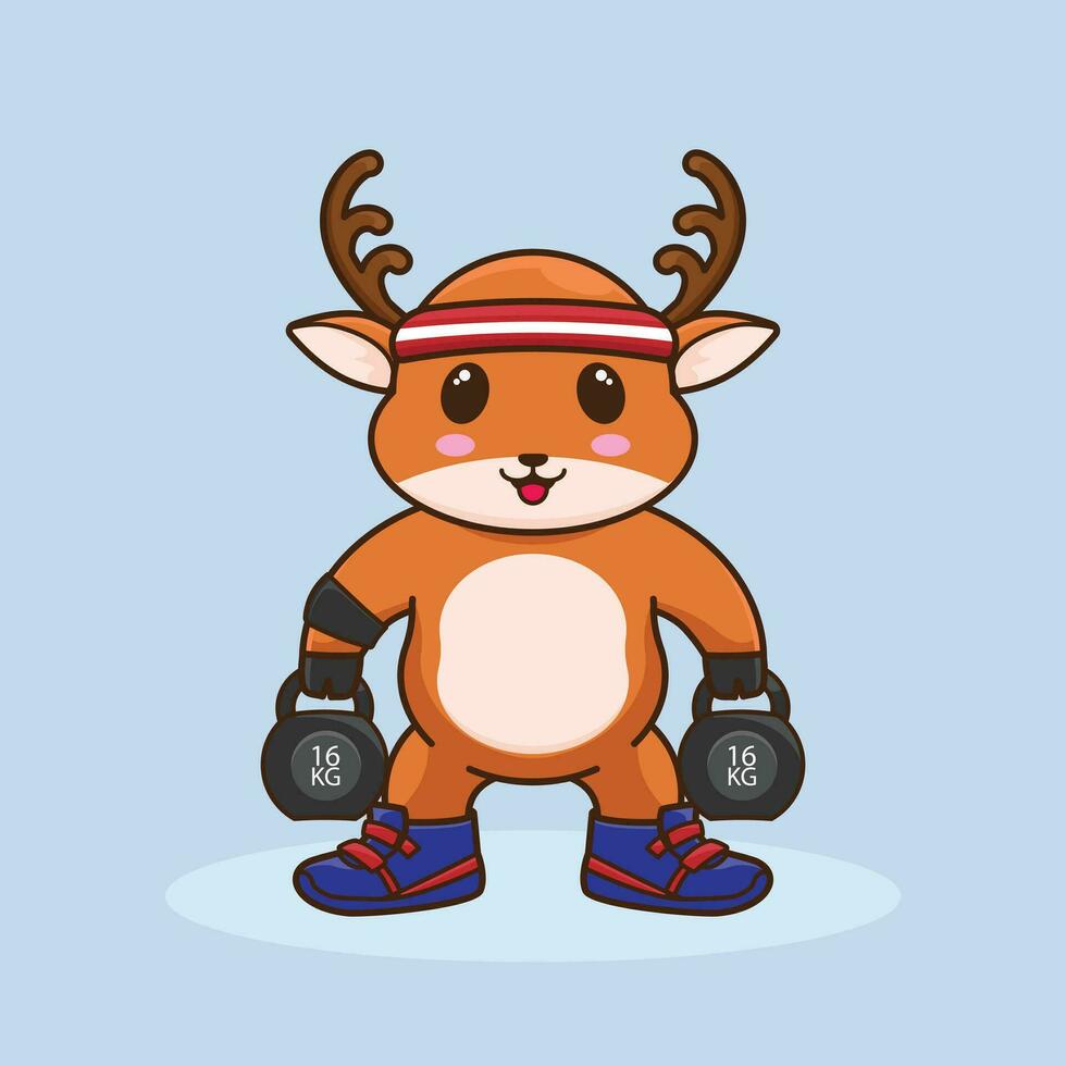 cartone animato illustrazione di un' carino cervo sollevamento kettlebell vettore