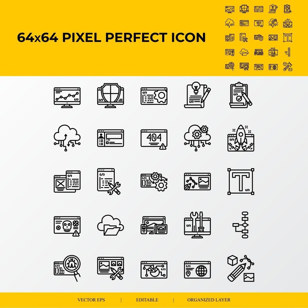 set di icone perfette per la linea vettoriale relativa allo sviluppo del web design 64x64 pixel