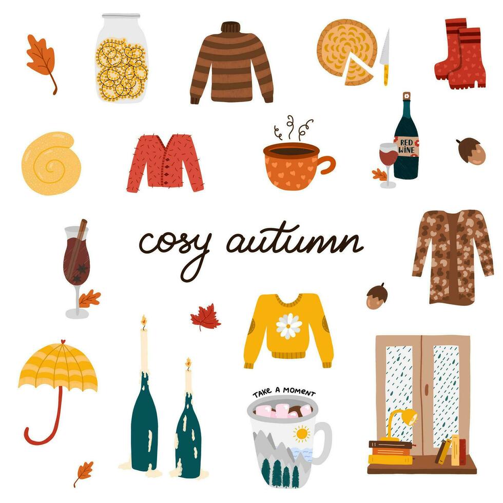 hygge autunno impostato con accogliente e carino mano disegnato clip arti di di stagione Abiti e scarpe, cibo e bevande, casa arredamento per intimità. caldo a maglia maglioni, candele, vin brulé vino e caldo cacao, forno. vettore