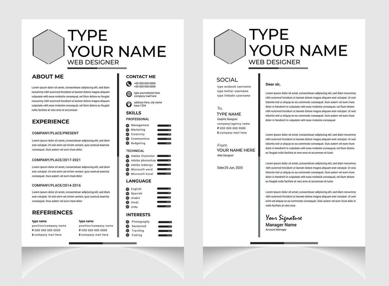 professionale CV o curriculum vitae modello design con lettera copertina design. nero e bianca curriculum vitae disposizione . vettore