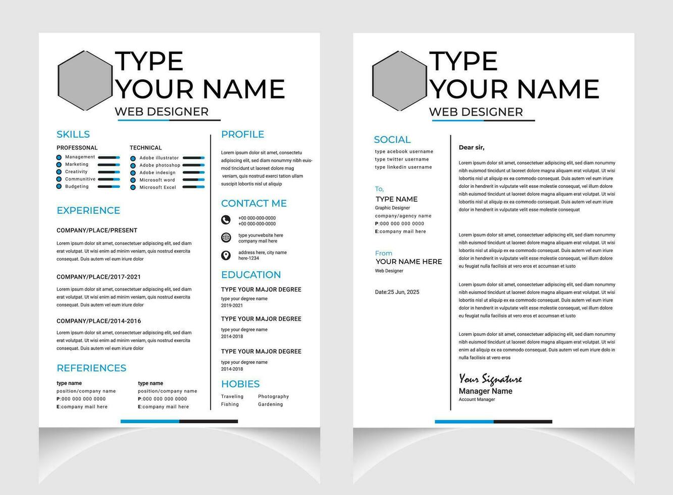 professionale CV o curriculum vitae modello design con lettera copertina design. nero e bianca curriculum vitae disposizione . vettore