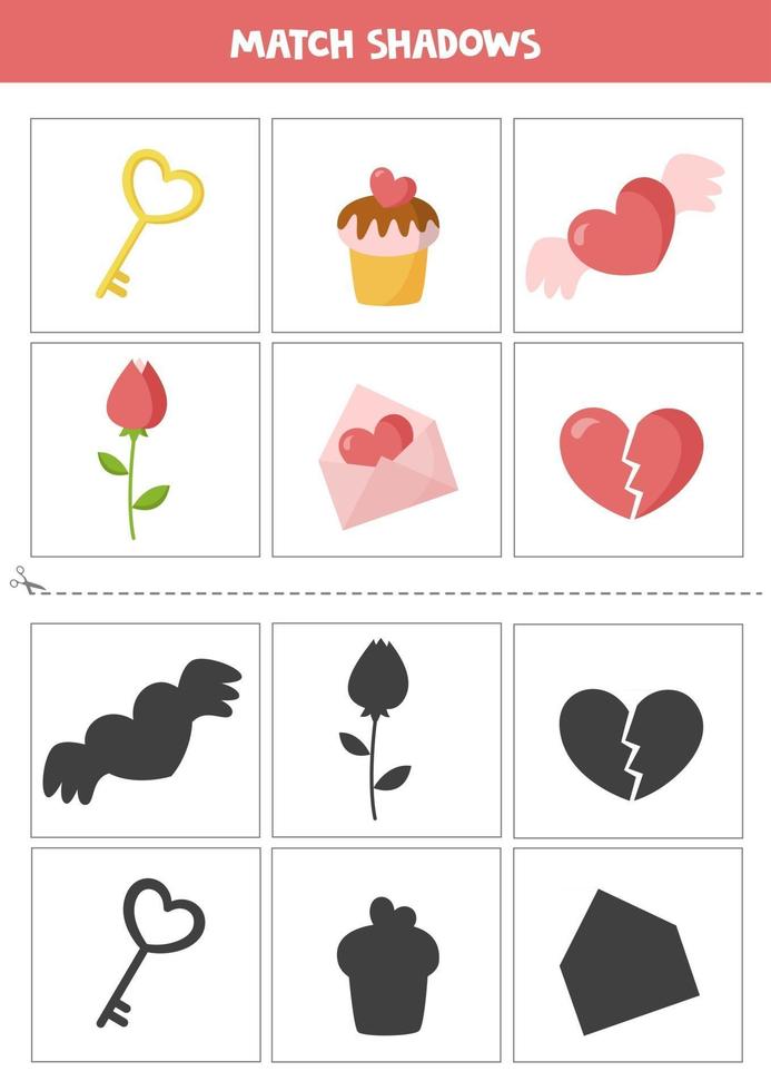 trova le ombre di simpatiche carte di elementi di San Valentino per bambini vettore
