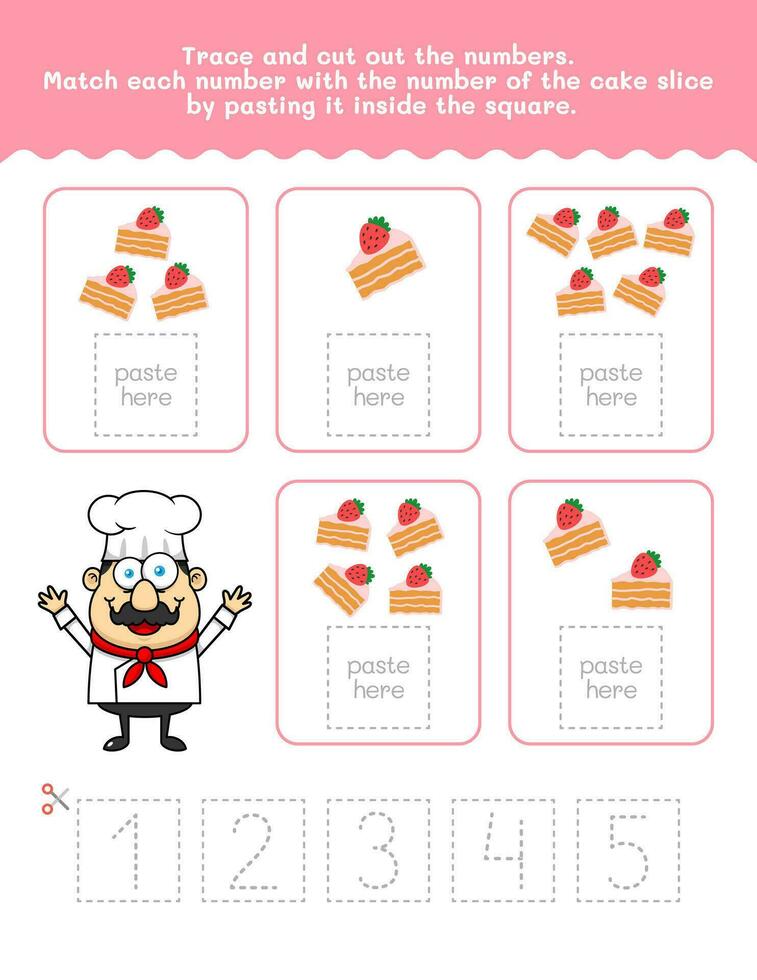 uno per cinque numero e parola tracciato foglio di lavoro. tagliare e incolla foglio di lavoro con torta immagini. premio vettore elemento.