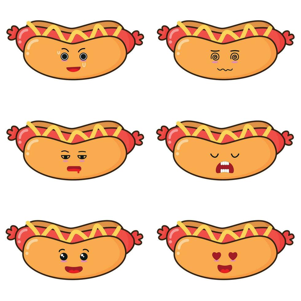 carino hot dog personaggio diverso posa attività espressione vettore illustrazione Sandwich impostato