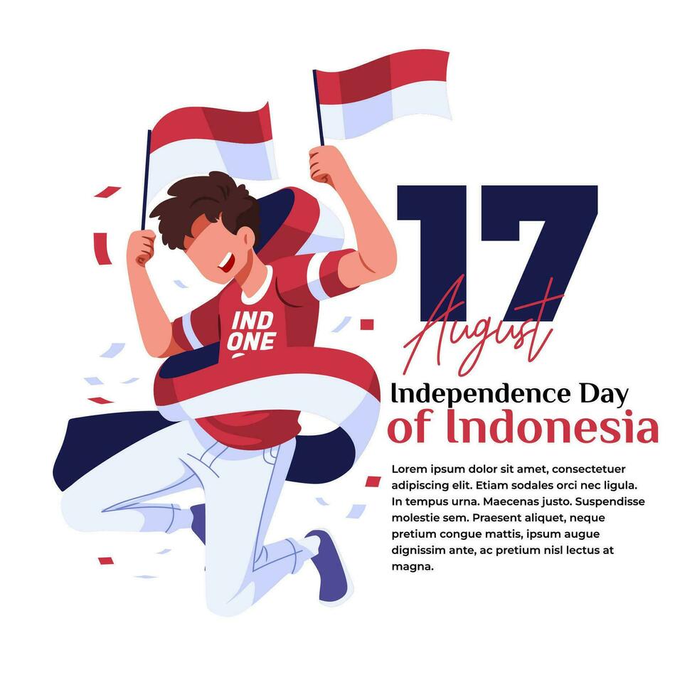 illustrazione di il celebrazione di indonesiano indipendenza, un' contento giovane uomo trasporto un' piccolo bandiera vettore