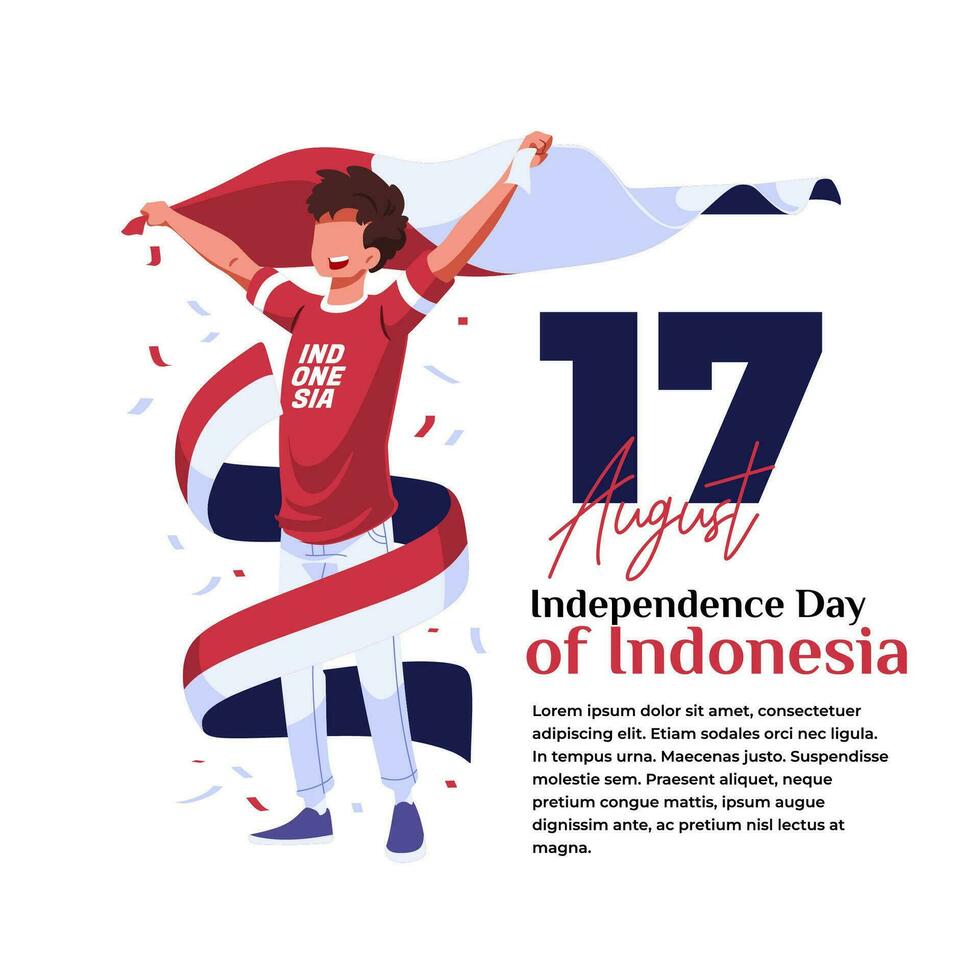 illustrazione di il celebrazione di indonesiano indipendenza, un' giovane uomo solleva un' bandiera nel il suo mano vettore