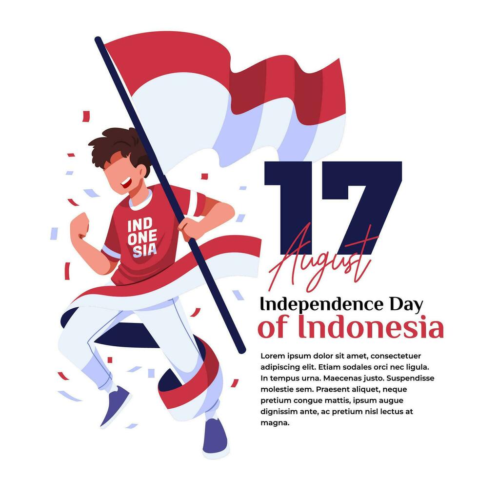 illustrazione di indonesiano indipendenza celebrazione un' giovane uomo salto trasporto un' bandiera vettore