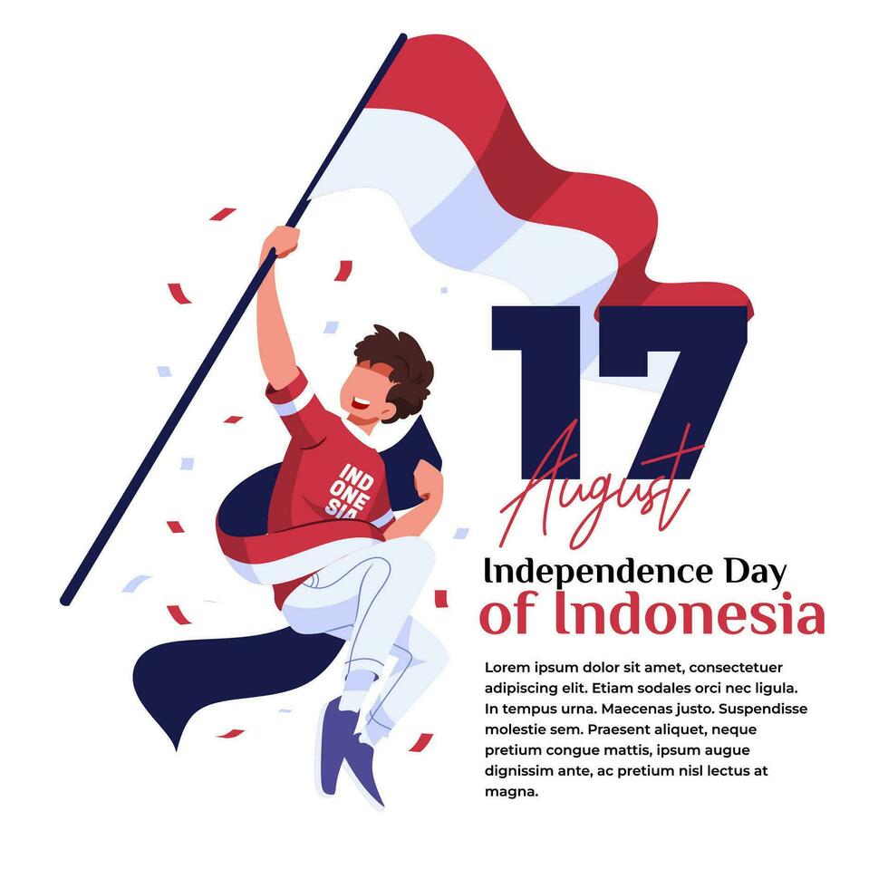 illustrazione di il celebrazione di indonesiano indipendenza, un' contento giovane uomo trasporto un' bandiera bastone vettore