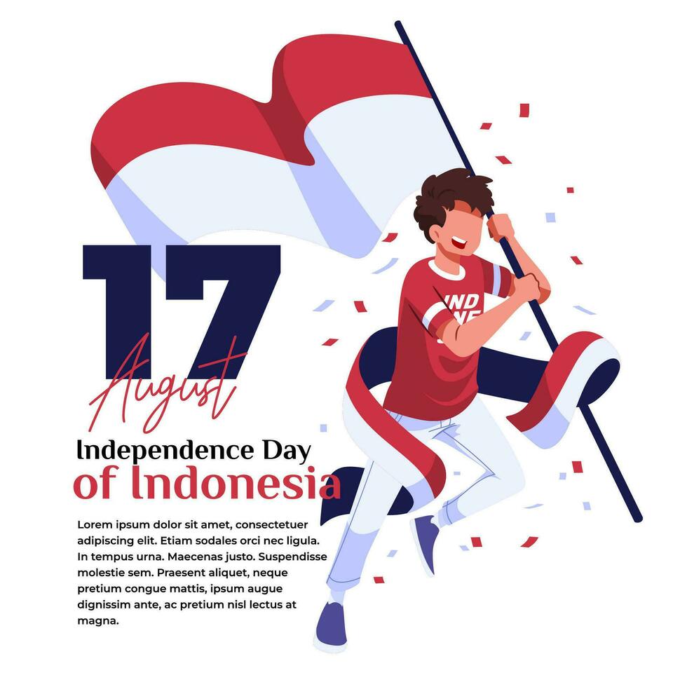 illustrazione di indonesiano indipendenza celebrazione un' giovane uomo è eccitato con un' bandiera vettore