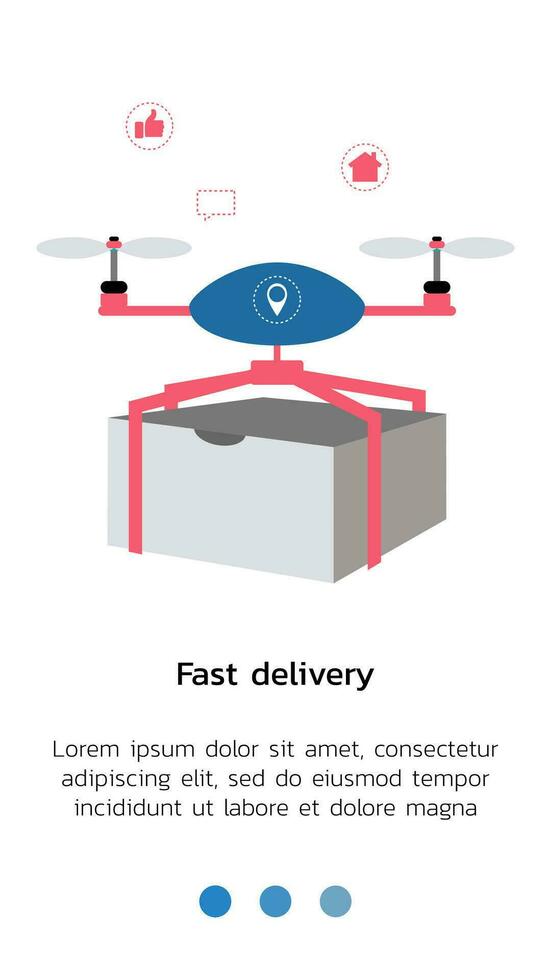 pagina per mobile applicazione per senza contatto consegna. il fuco mosche con il consegna di il pacco. veloce consegna di cibo, elettrodomestici, shopping casa. vettore