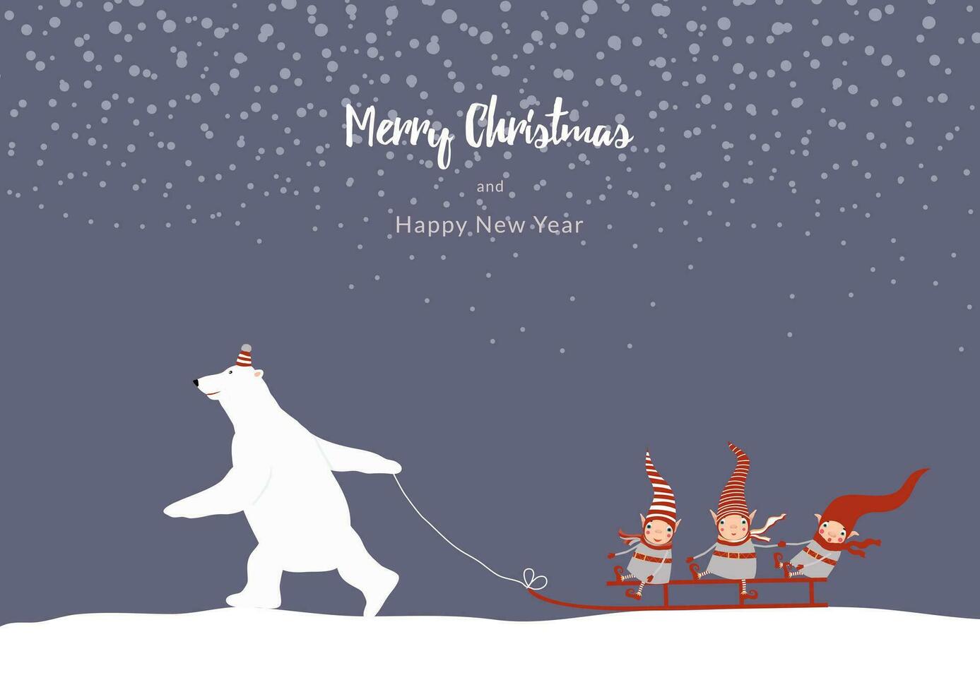 azione vettore illustrazione con inverno paesaggio. polare orso slittino 3 carino Natale elfi. nuovo anno nevicata. modello per allegro Natale e nuovo anno carte, saluti, banner o manifesti.
