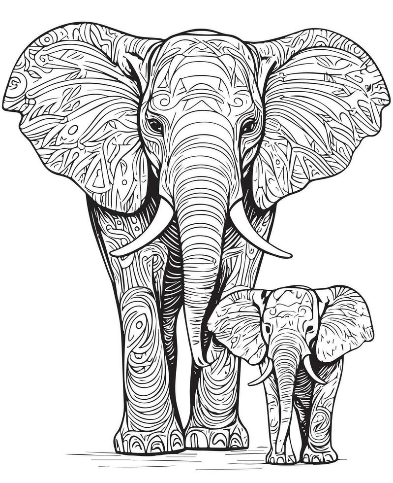 mano disegnato vettore colorazione pagina schema di madre elefante con bambino elefante. colorazione pagina per bambini e adulti. Stampa disegno, maglietta disegno, tatuaggio design.