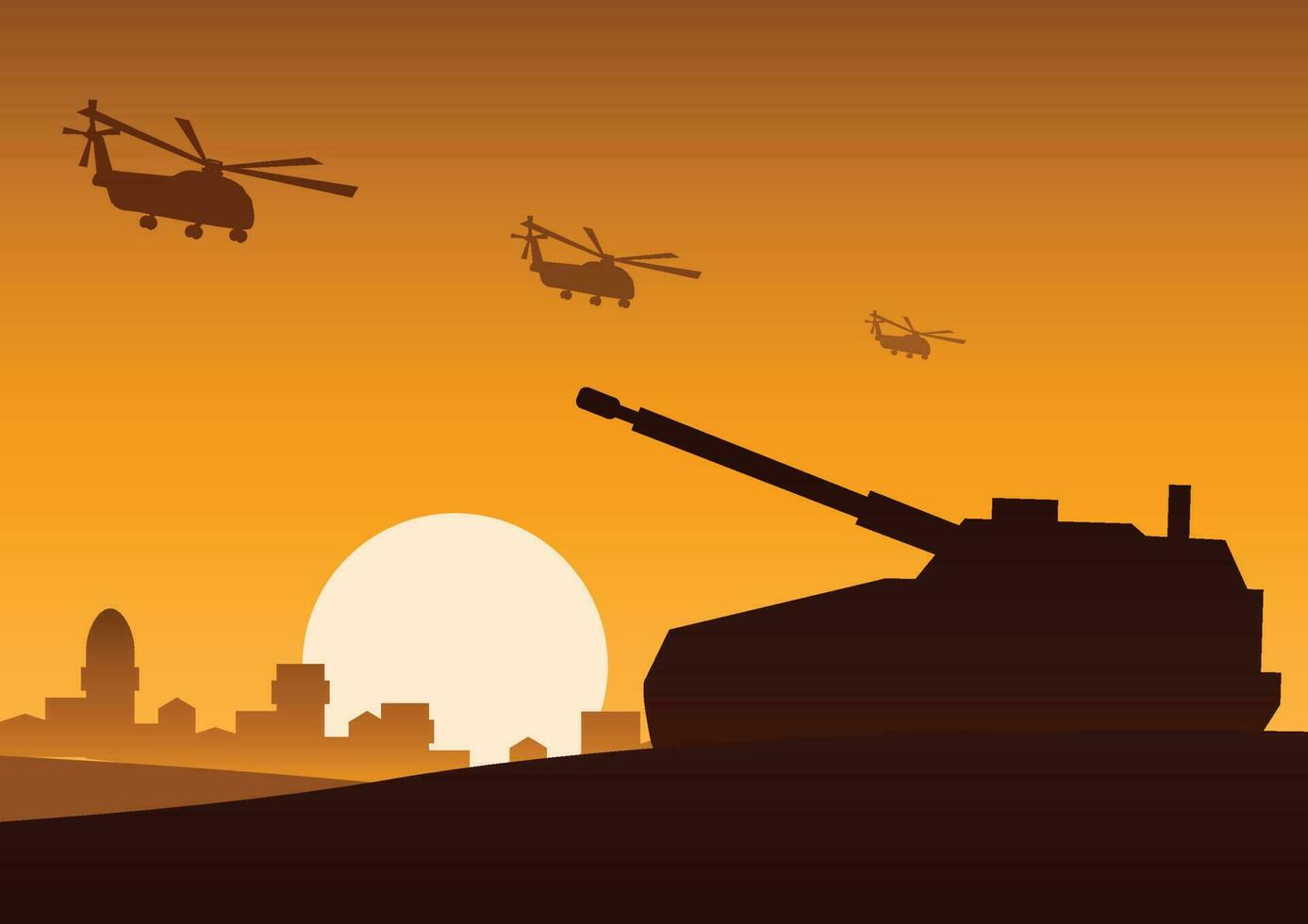 elicottero volare al di sopra di serbatoio ancora su deserto per attacco nemico, sagoma disegno, vettore illustrazione