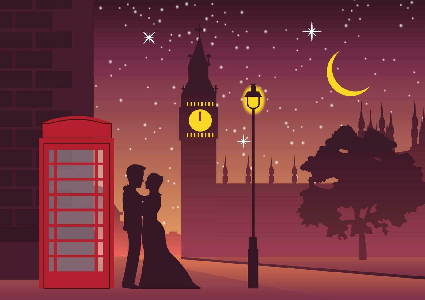 coppia abbraccio vicino telefono scatola a grande Ben punto di riferimento di Londra, sagoma stile vettore