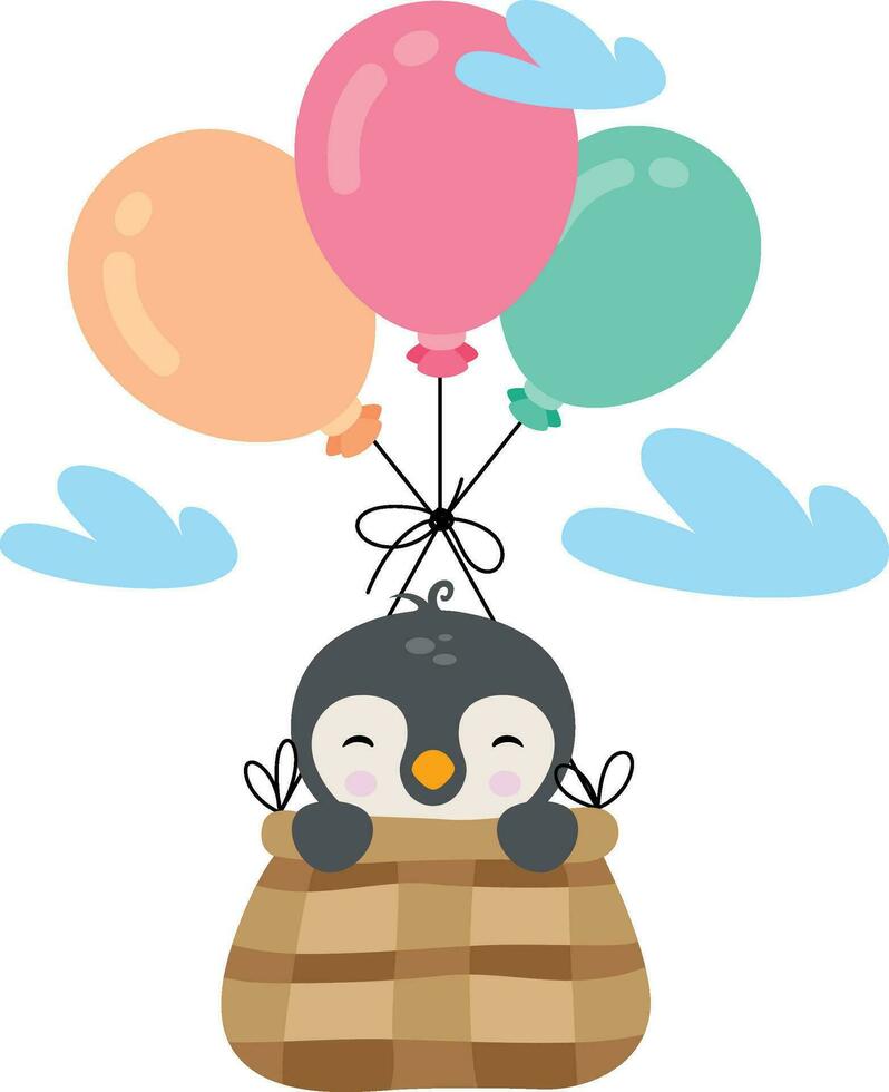 carino pinguino volante nel cestino con palloncini vettore