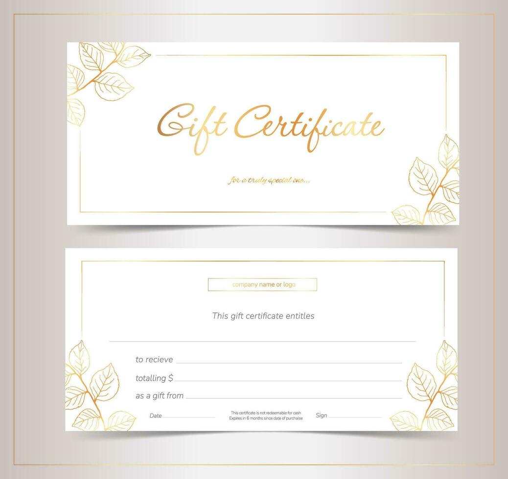 regalo voucher; tagliando per bellezza salone, negozio, terme con disegnato a mano albero le foglie. bianca e oro elegante regalo certificato. completamente modificabile. vettore