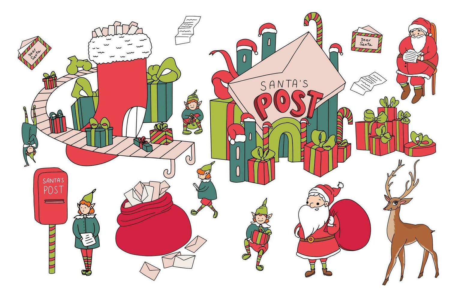 Natale impostato con Babbo Natale officina, inviare, ufficio, Casa, regalo fabbrica, elfi, cervo, Natale calzino. Santa lettura un' lettera. Babbo Natale cassetta postale, Borsa con lettere. nuovo anno design elementi vettore