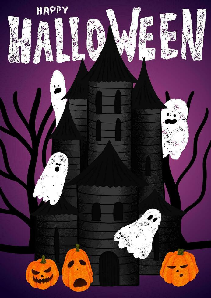 contento Halloween manifesto con Casa di fantasmi silhouette, zucche, buio foresta. gesso lettering vettore