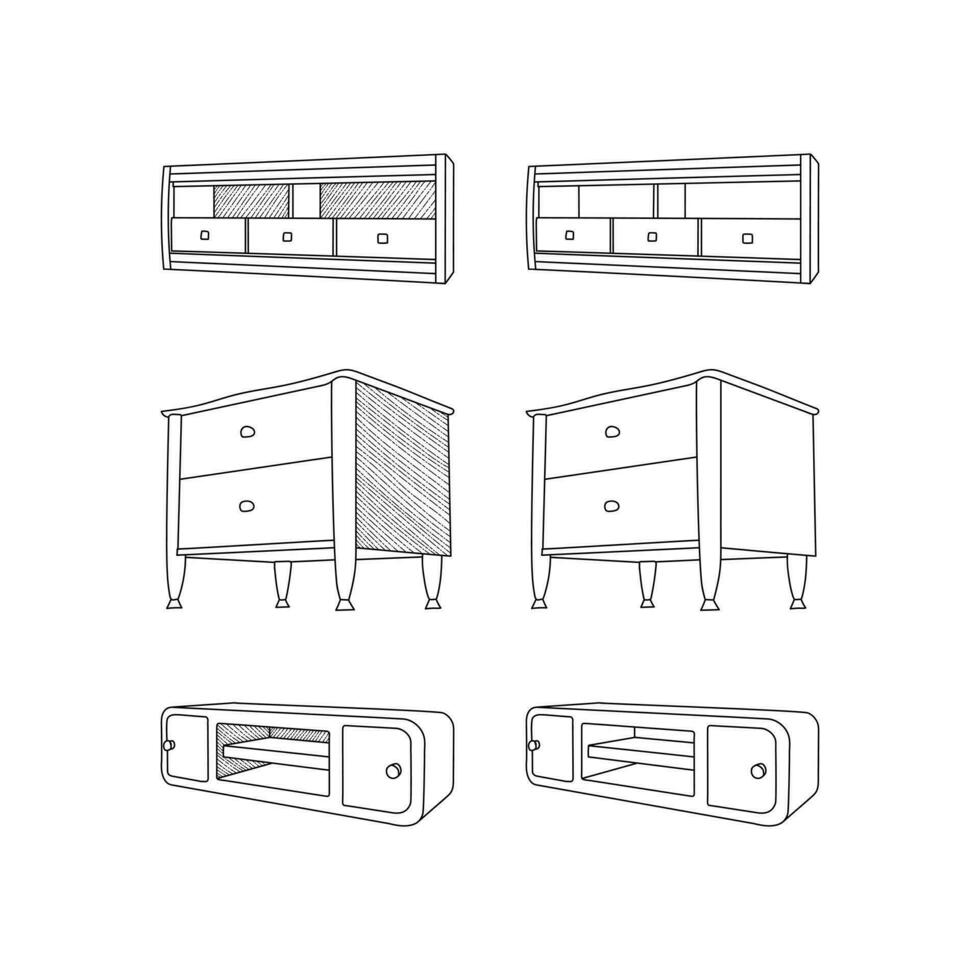 impostato di tv tavolo e letto tavolo icona mobilia linea arte vettore, minimalista illustrazione design vettore