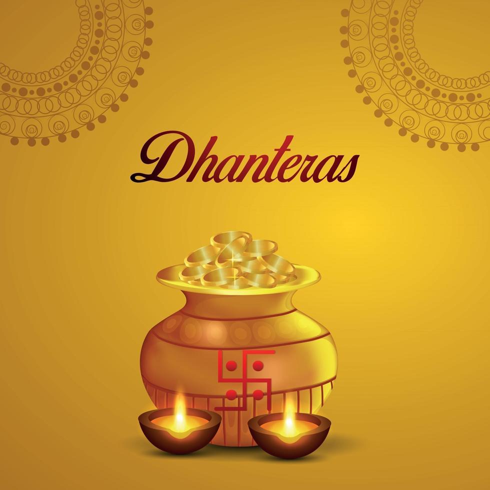 biglietto di auguri per la celebrazione del festival indiano felice dhanteras con vaso di monete d'oro su sfondo giallo yellow vettore