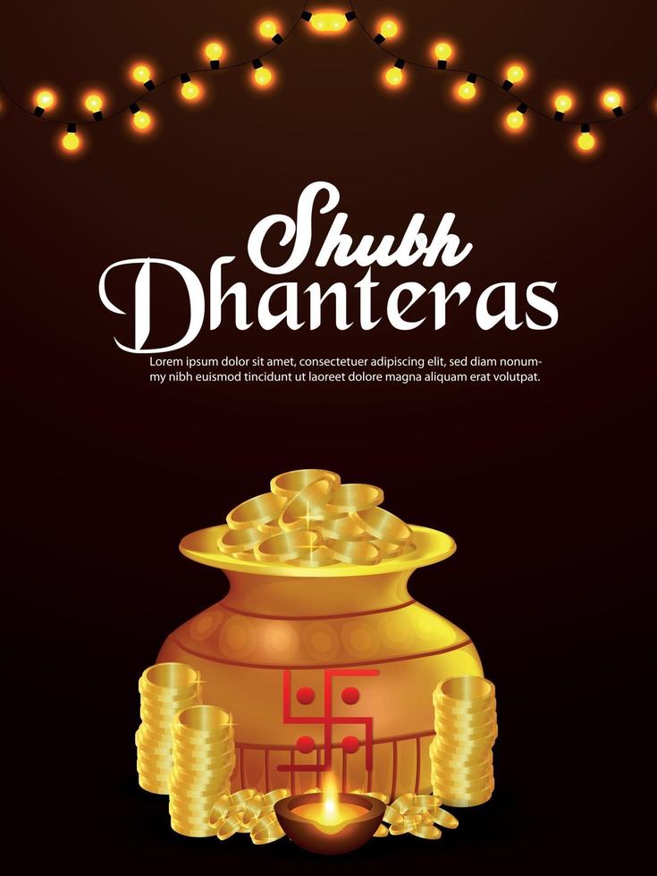 volantino celebrativo shubh dhanteras con vaso di monete d'oro creativo vettore
