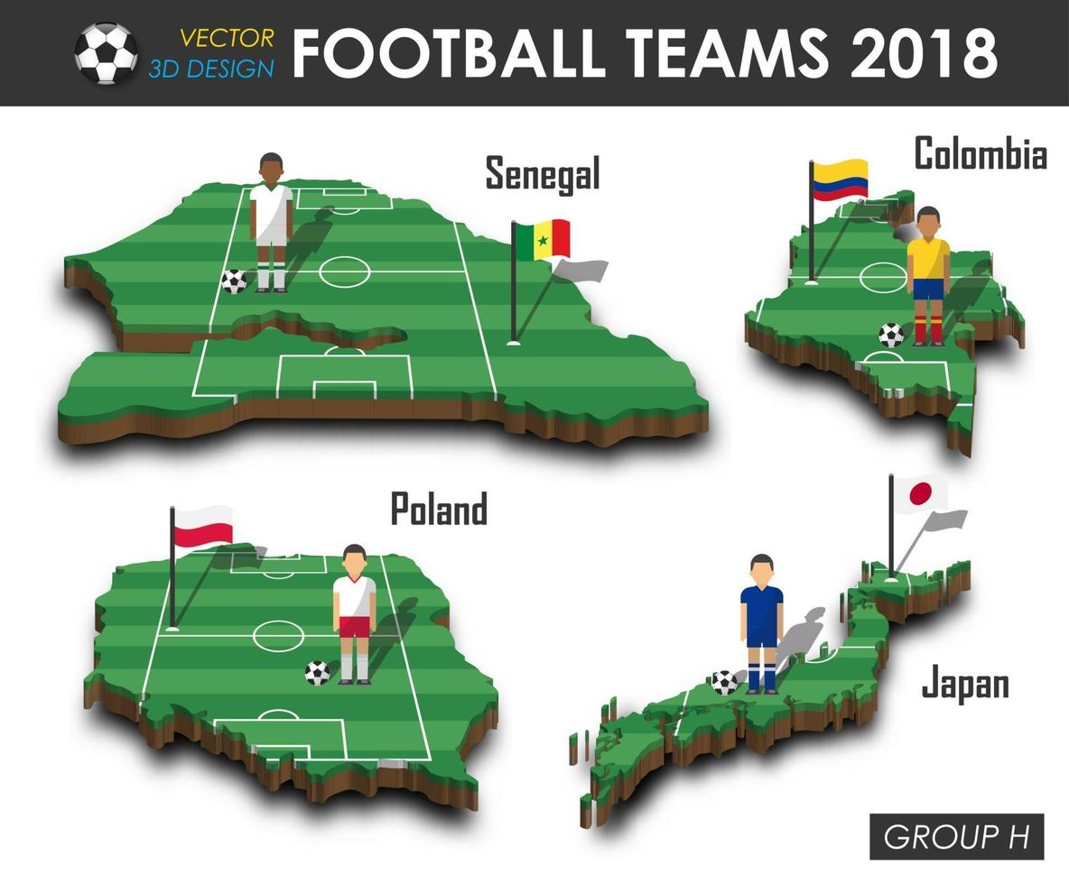 squadre nazionali di calcio 2018 gruppo h giocatore di football e bandiera su 3d design mappa del paese isolato vettore di fondo per il concetto di torneo internazionale del campionato mondiale 2018