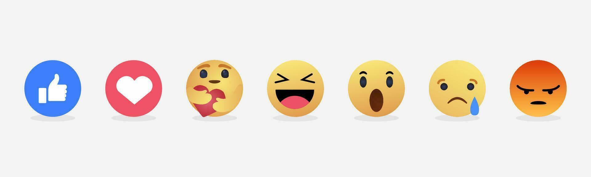 sociale media reazioni emoji, pollice su piace, amore cuore, abbraccio emoji, haha ridendo, sorpreso emoji, triste pianto, arrabbiato, 3d vettore emoticon.