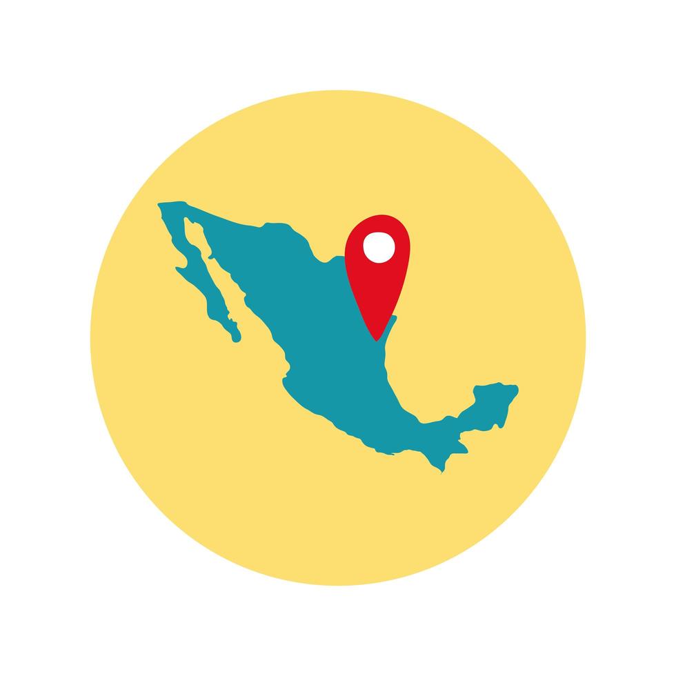 mappa messicana con blocco posizione pin e icona di stile piatto vettore