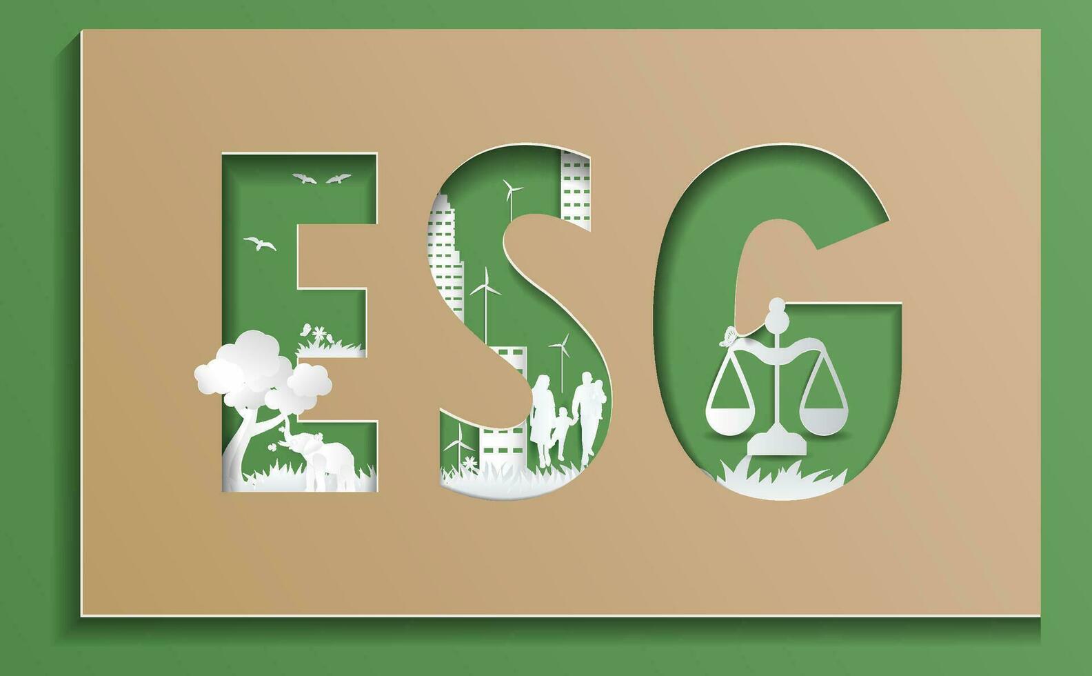 esg ambientale sociale governo vettore illustrazione in profondità personaggi con ambiente naturale animale famiglia e il governo concetti sostenibilità, pulito energia, vivente insieme felicemente.