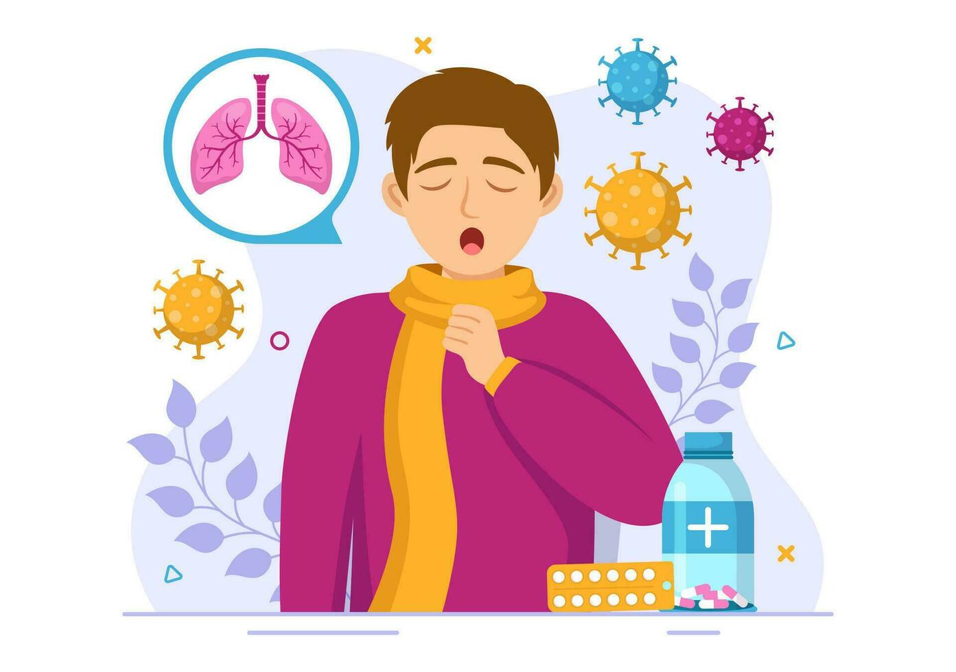 respiratorio infezione vettore illustrazione di infiammazione nel il polmoni con virus cellule nel assistenza sanitaria sfondo piatto cartone animato mano disegnato modelli