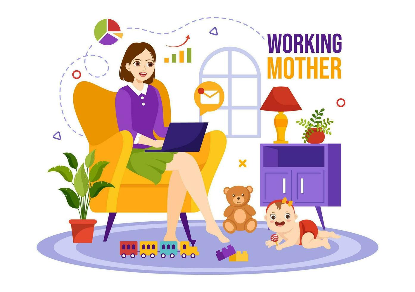 Lavorando madre vettore illustrazione con madri chi fa opera e prende cura di sua bambini a il casa nel multitasking cartone animato mano disegnato modelli