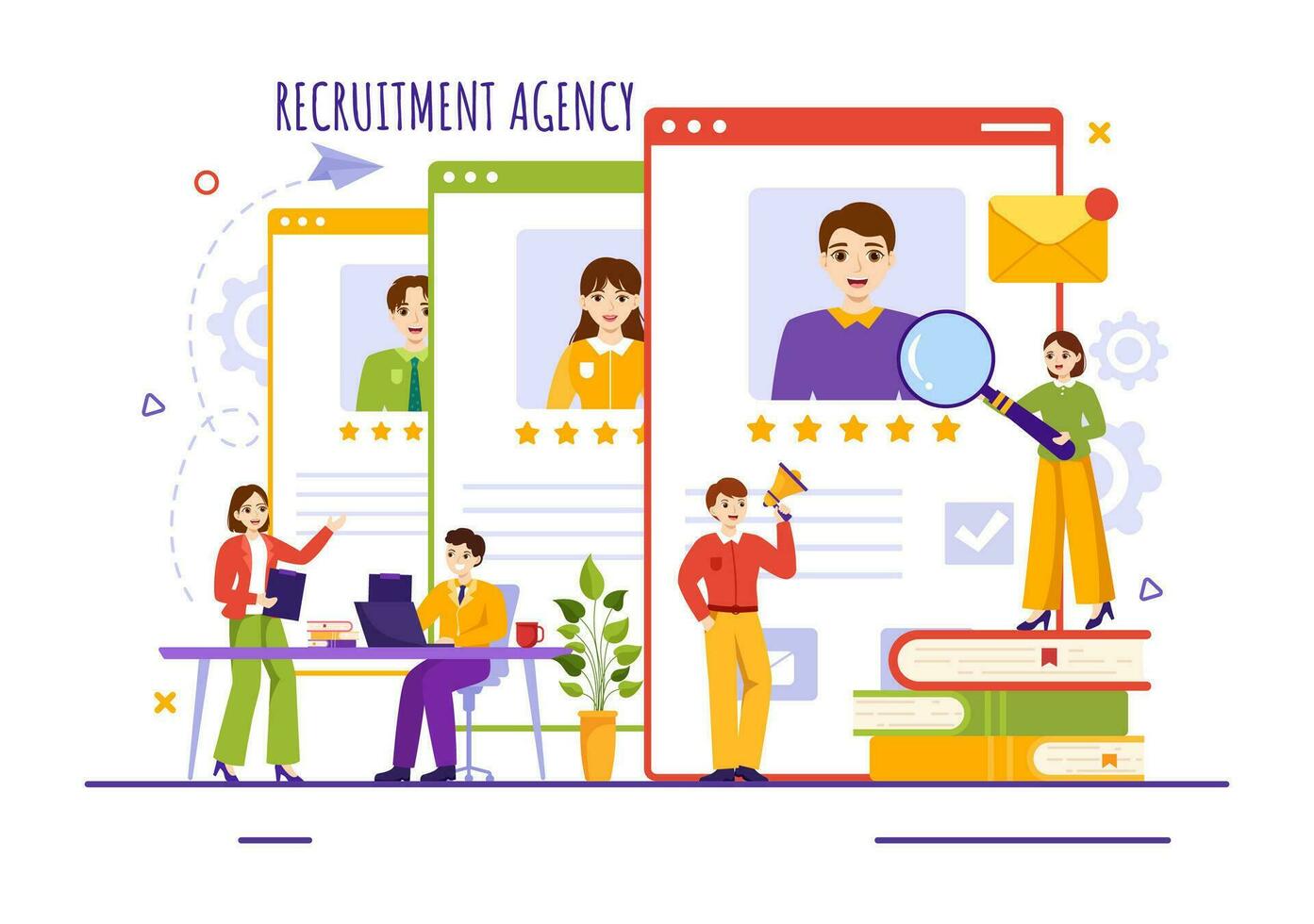 reclutamento agenzia vettore illustrazione con manager ricerca candidato per lavoro posizione nel piatto cartone animato mano disegnato sfondo modelli