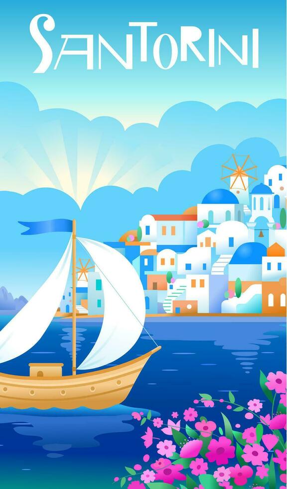 santorini isola, Grecia. bellissimo tradizionale bianca architettura e blu a cupola greco ortodosso chiese al di sopra di il caldera e barca. verticale formato. vettore illustrazione