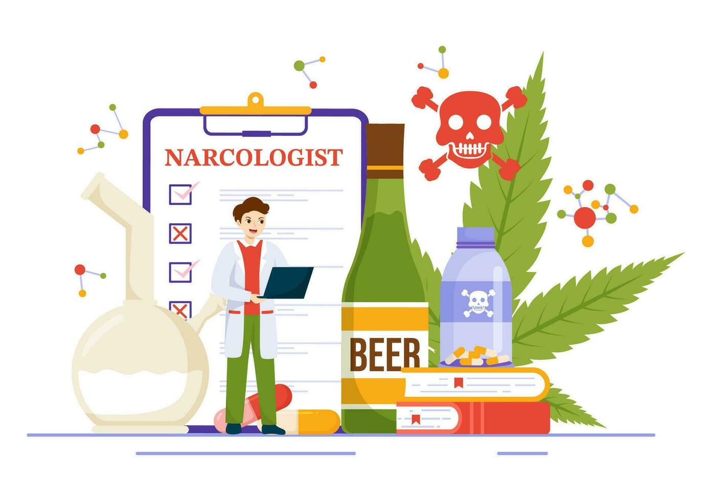 narcologo vettore illustrazione per droga dipendenza consapevolezza, alcool e tabacco nel assistenza sanitaria piatto cartone animato mano disegnato sfondo modelli