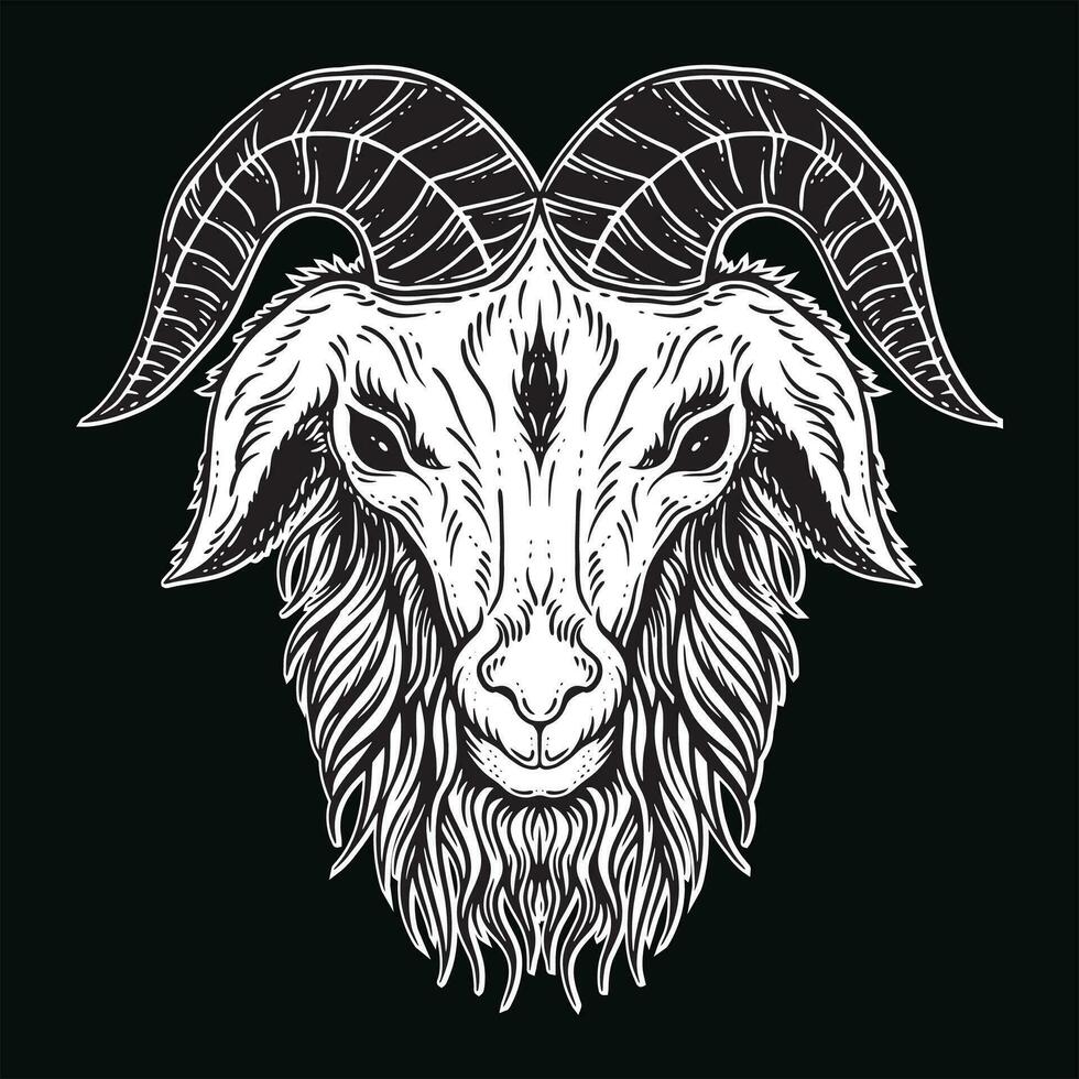 buio arte capra testa corna pecora satanico nero bianca per tatuaggio e capi di abbigliamento illustrazione vettore