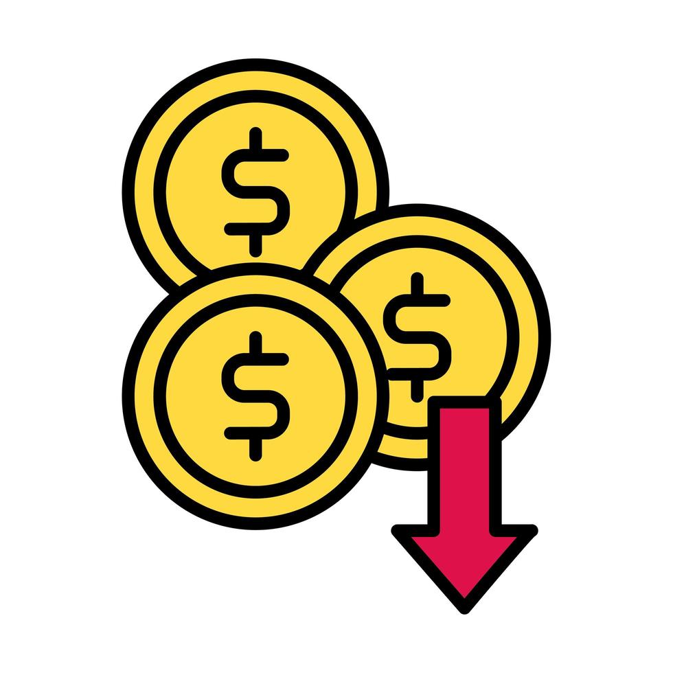 monete denaro dollaro con freccia in basso e stile di riempimento vettore
