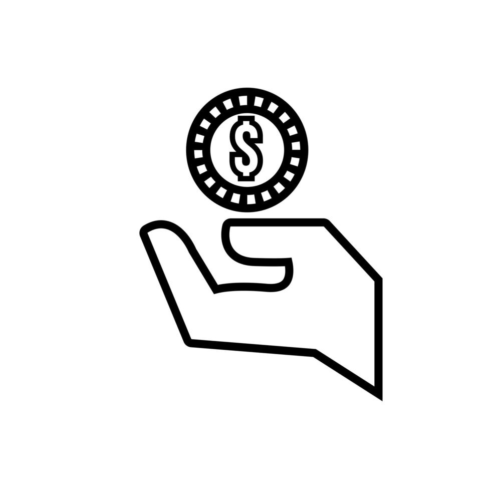 mano con icona di stile della linea del dollaro dei soldi della moneta vettore