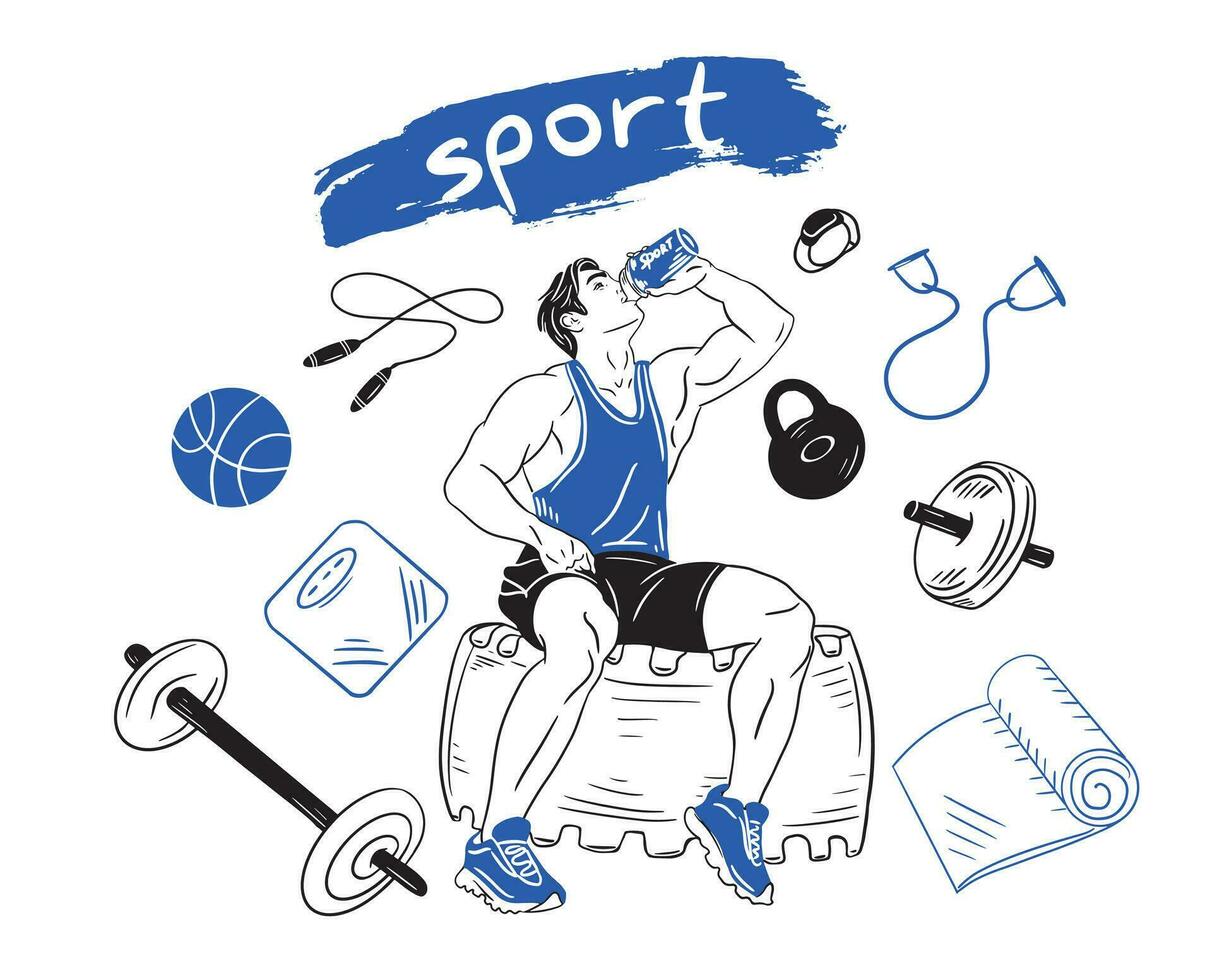 bello uomo bevande dopo un' allenarsi nel palestra. un' impostato di gli sport elementi.vettore illustrazione. vettore