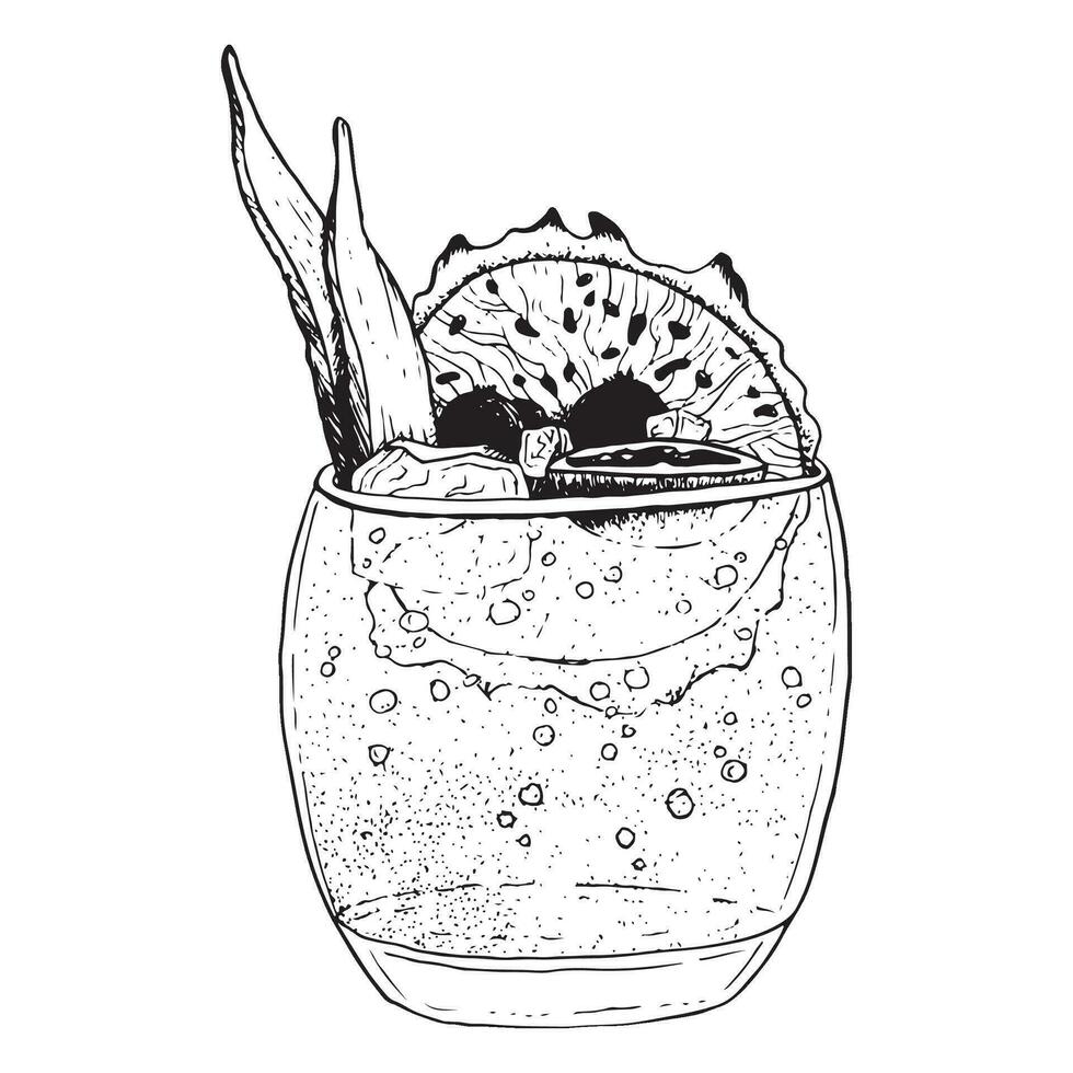 estate cocktail o limonata con Drago frutta fetta, frutti di bosco e ghiaccio cubi vettore linea disegno illustrazione per ristorante menù. bevanda bar negozio logo